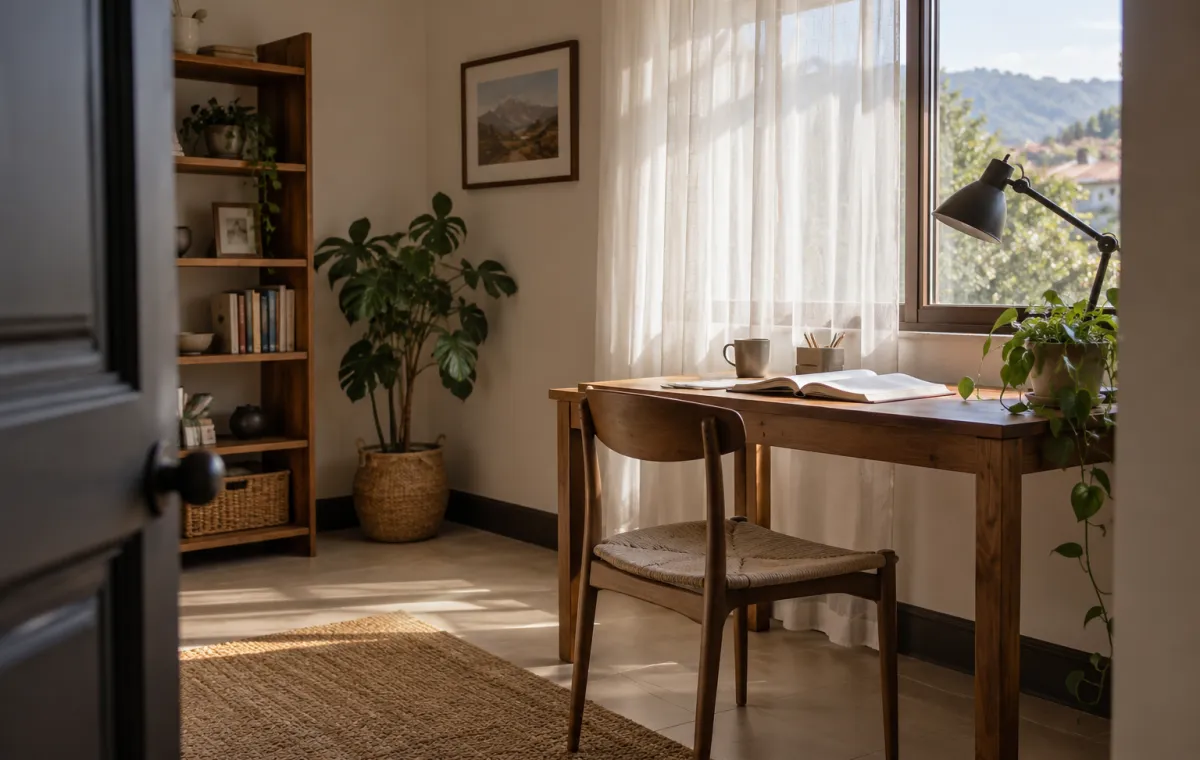 Rincón de lectura ordenado junto a una ventana con luz natural y lámpara orientable.