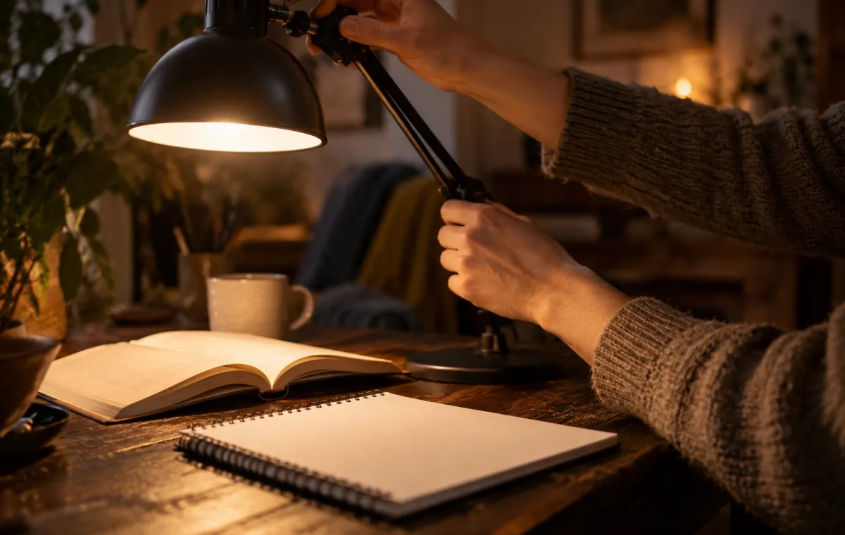 Manos ajustan una lámpara lateral sobre un libro abierto en una mesa.